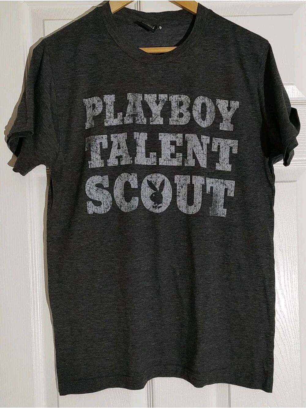 Men's Playboy Distressed "Playboy Talent Scout" T Shirt Tee Dark Gray - Small